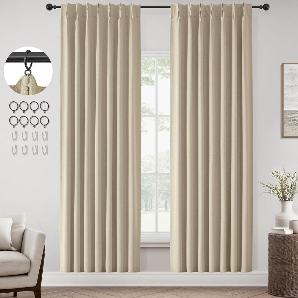 Natural Linen Pinch Pleated Blackout Curtains, Thermal Insulated Room Darkening Window Drapes with Back Tab & Hooks Rings for Farmhouse Living Room & Bedroom, 40"W x 80"L, 2 Panels