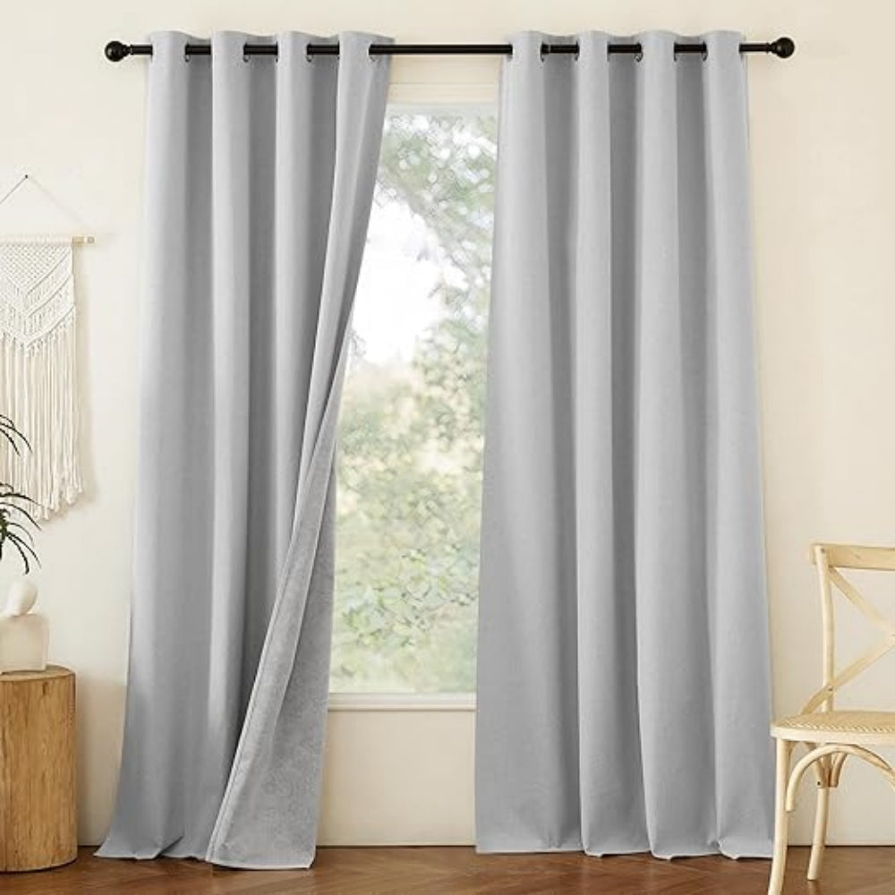 Faux Linen Total Blackout Curtains White Lined Thermal Insulated Noise Reduction Silver Grommet Curtains