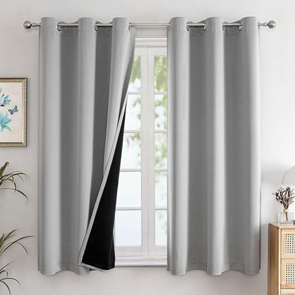 2 Panels Light Gray 100% Full Blackout Double Layer Polyester Window Curtains, Light Blocking Noise Reducing Thermal Insulated Drapes