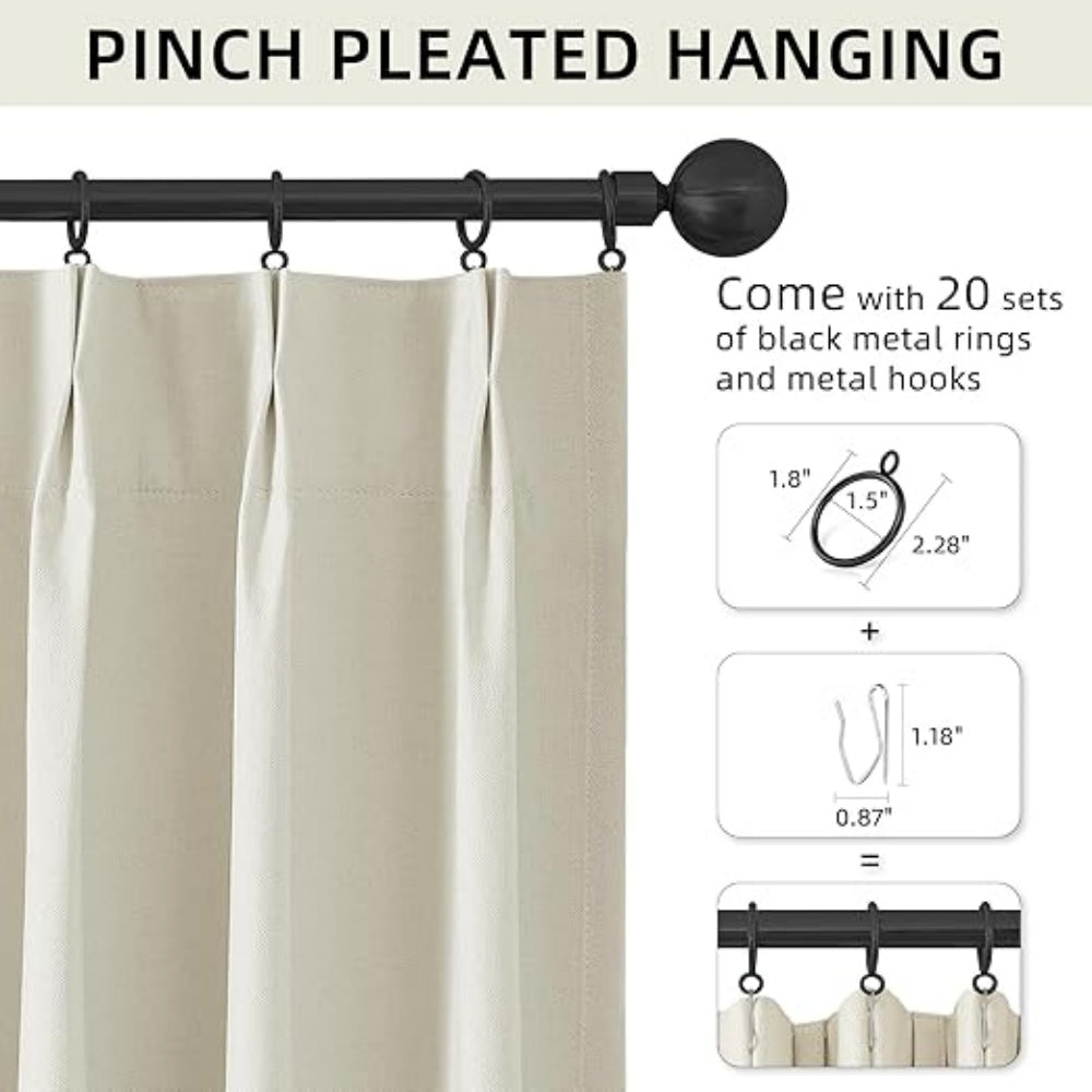 40x90 Inch 100% Full Blackout Thermal Insulated Linen Blend Pinch Pleat Curtains with Multi Hanging Options