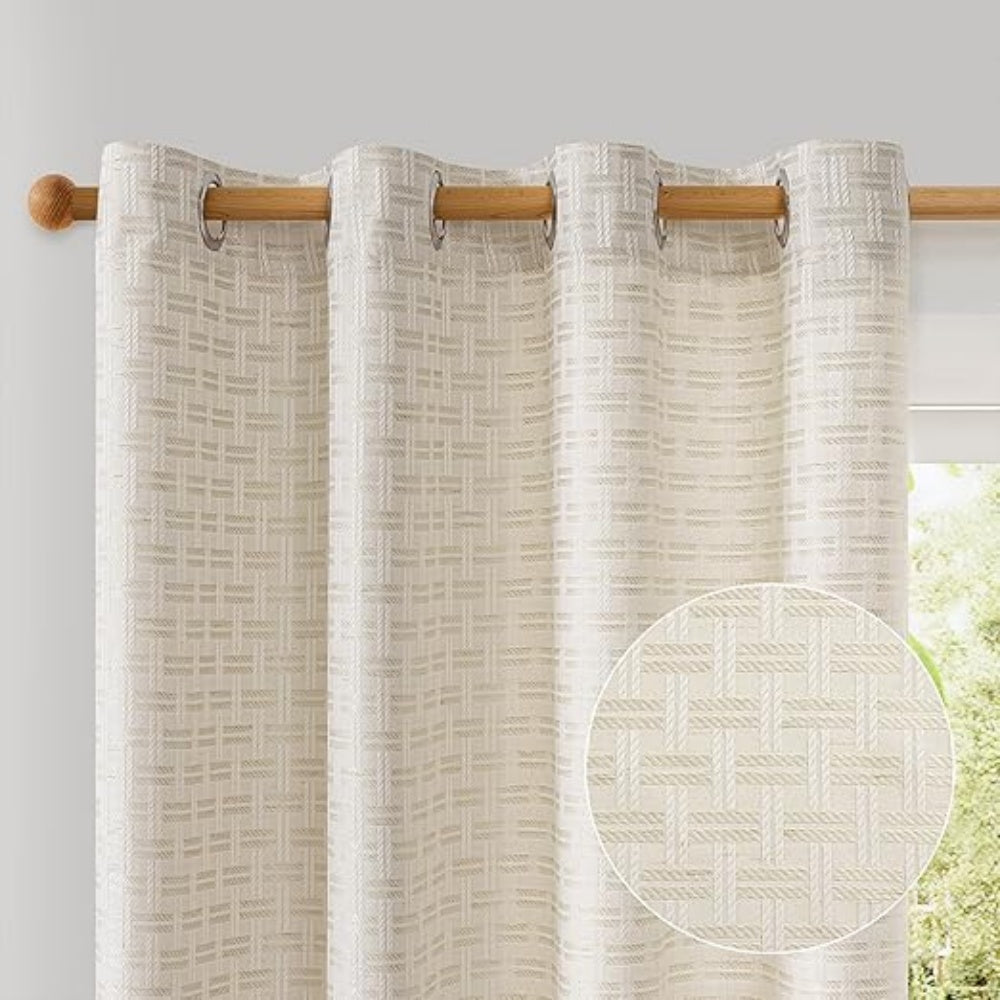 2 Panels 52x90 Inch Elegant Semi Sheer Linen Grommet Curtains, Light Filtering Privacy Window Drapes
