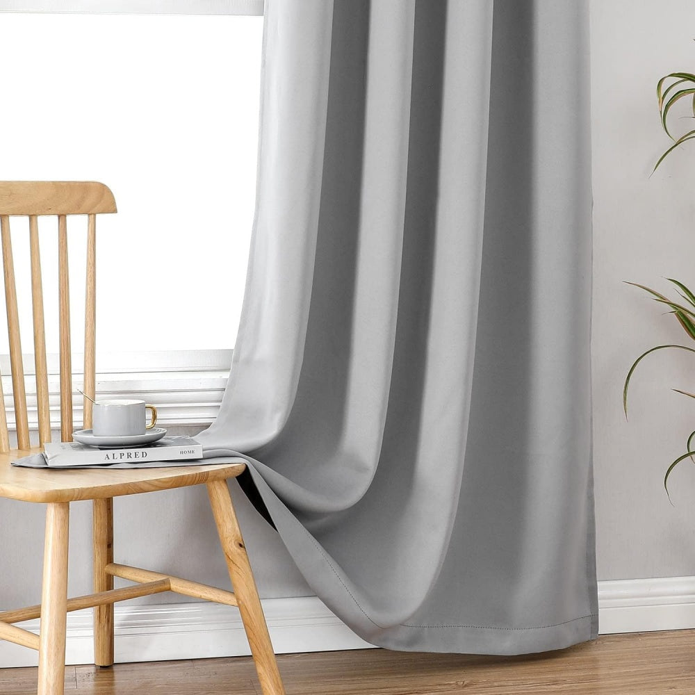 2 Panels Light Gray 100% Full Blackout Double Layer Polyester Window Curtains, Light Blocking Noise Reducing Thermal Insulated Drapes