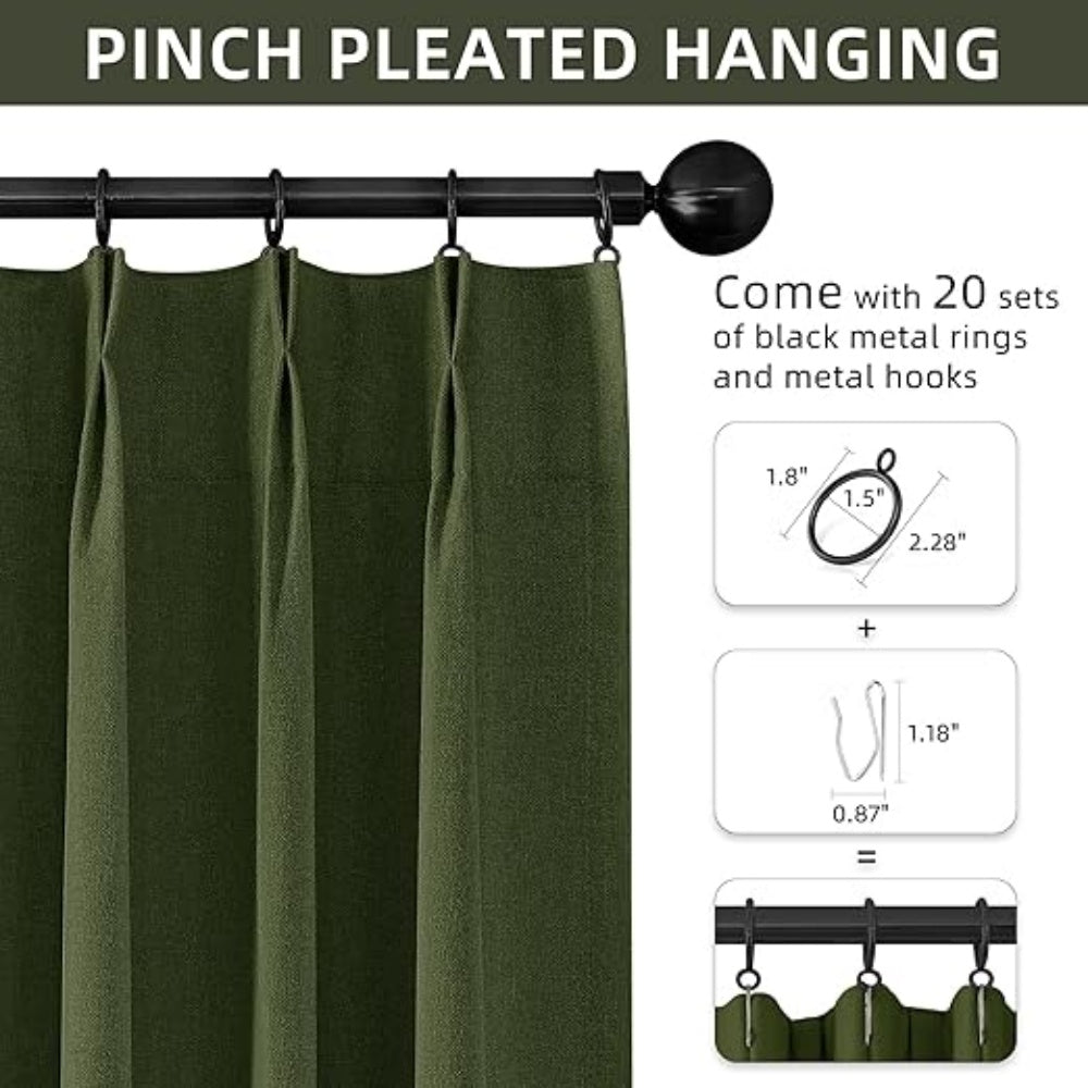 40x96 Inch 100% Full Blackout Thermal Insulated Linen Blend Pinch Pleat Curtains with 4 Flexible Hanging Options