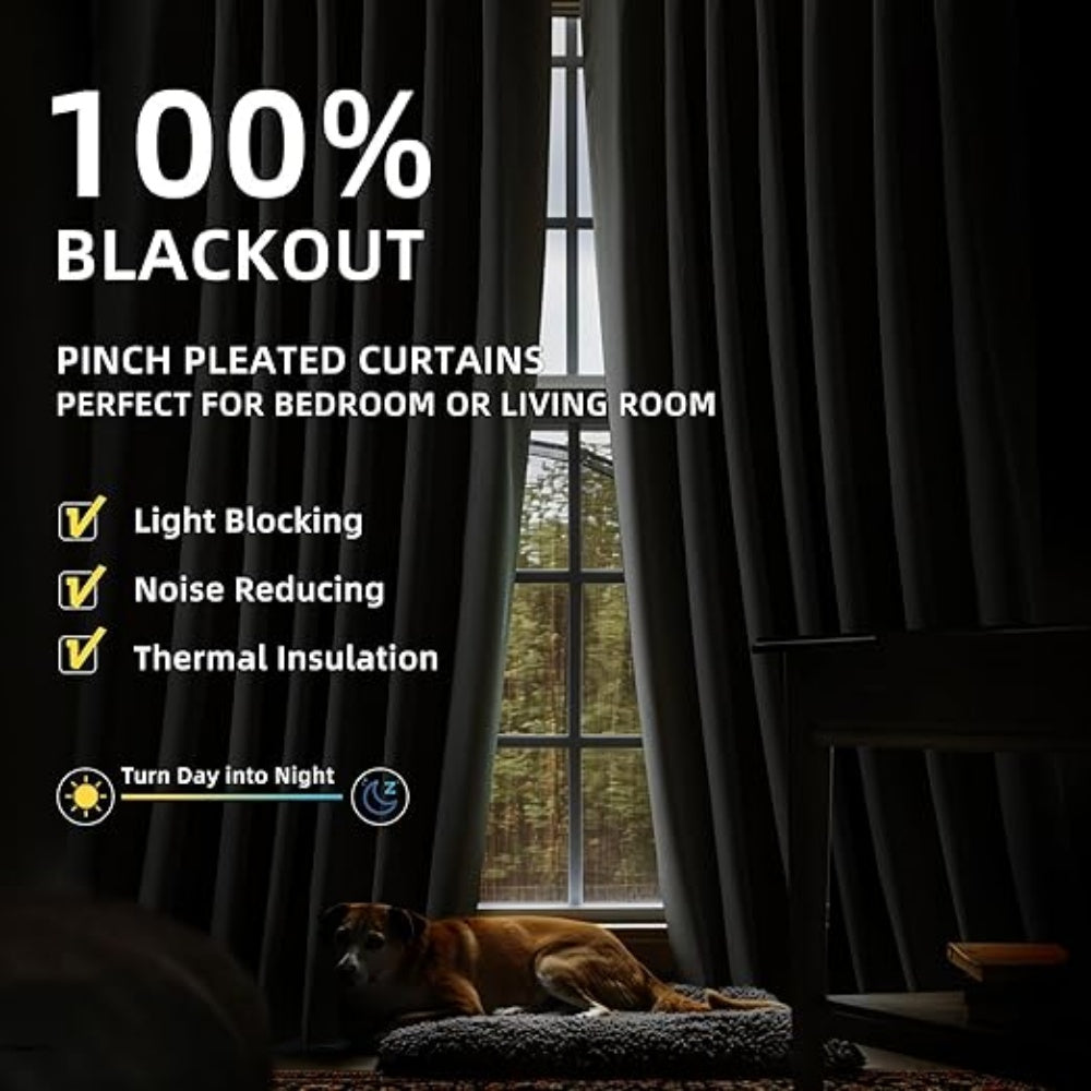 40x96 Inch 100% Full Blackout Thermal Insulated Linen Blend Pinch Pleat Curtains with 4 Flexible Hanging Options