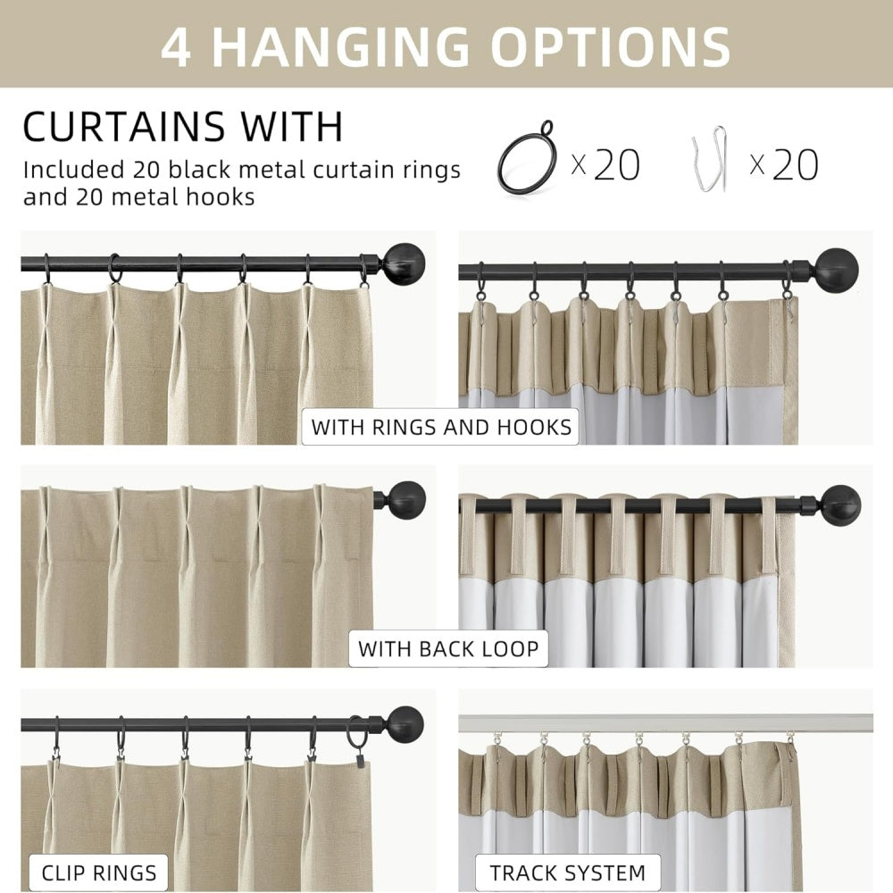 Natural Linen Pinch Pleated Blackout Curtains, Thermal Insulated Room Darkening Window Drapes with Back Tab & Hooks Rings for Farmhouse Living Room & Bedroom, 40"W x 80"L, 2 Panels